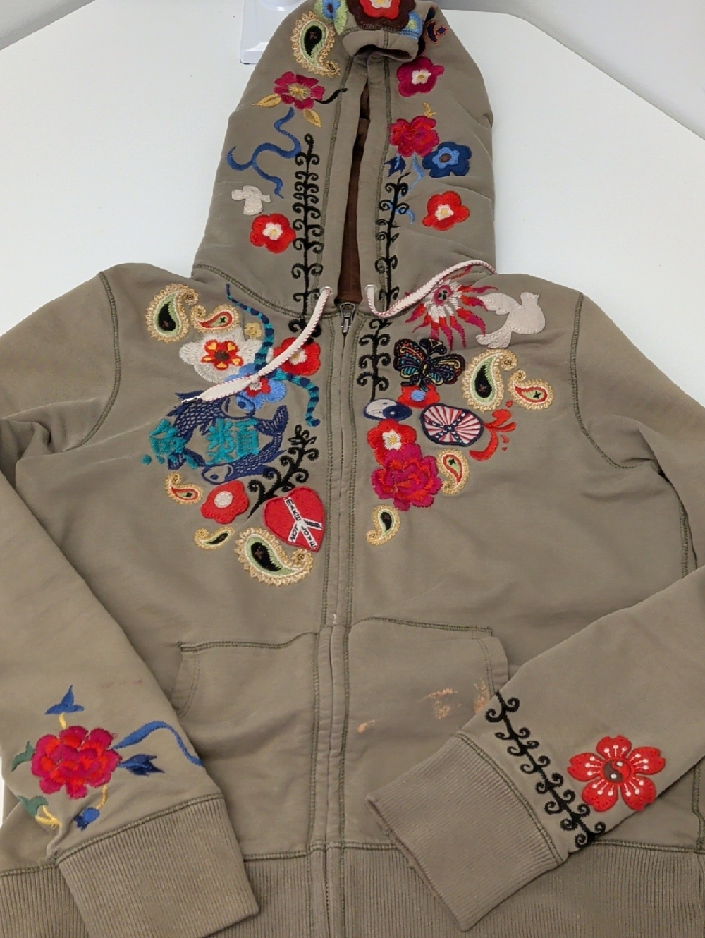 Vintage Y2K Lucky Brand Embroidered Khaki Hoodie Jacket with Floral Accents